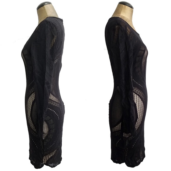 NEW- Black Nude stretchy Bodycon long sleeve dress - Picture 4 of 8